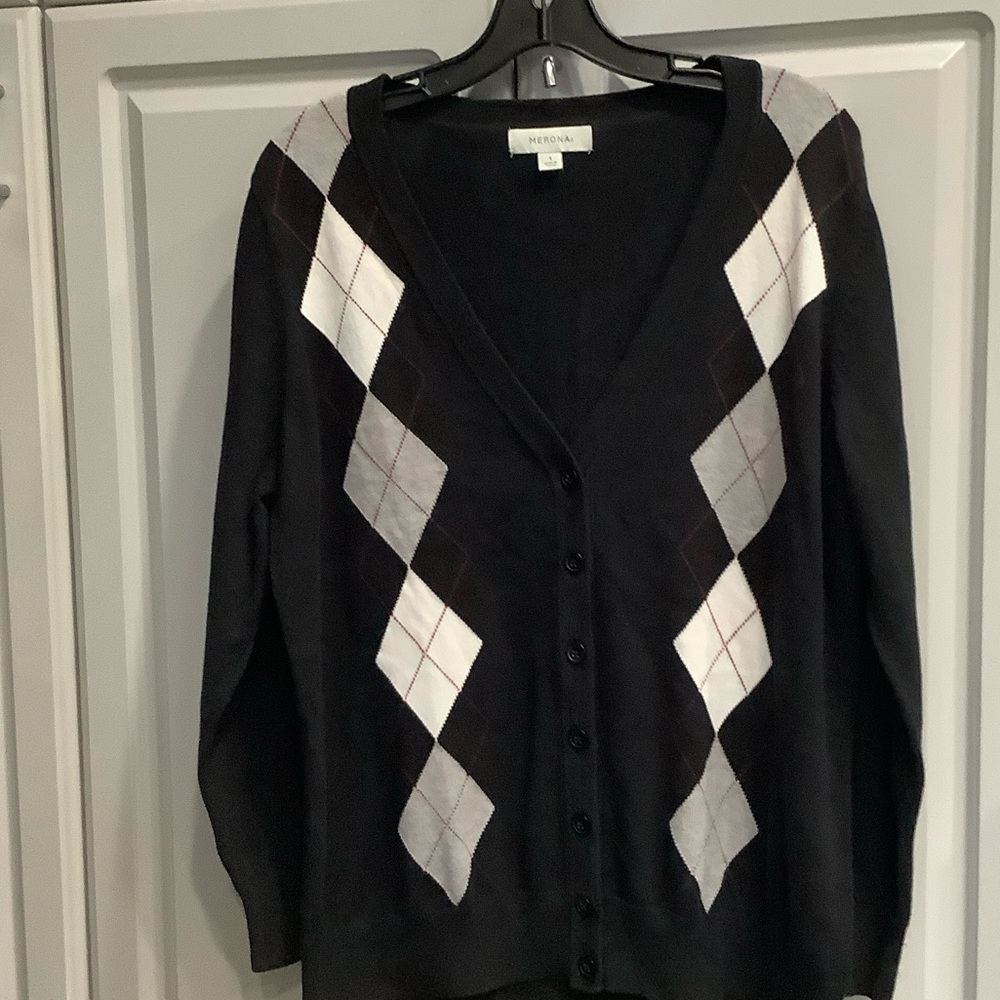 Merona Black & Gray Argyle Cardigan Button Up Collegiate Sweater Sz 1 /XL
